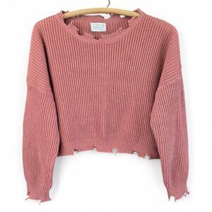 Cropped Distressed Pink Knit Sweater Poof Apparel Ribbed Texture Large